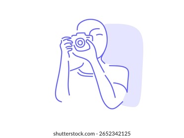  line art illustration of a person taking a photo with a camera, symbolizing photography, creativity, storytelling, and capturing life moments