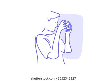  ilustração artística em linha de uma pessoa tirando uma foto com uma câmera, simbolizando fotografia, criatividade, narrativa e captura de momentos de vida