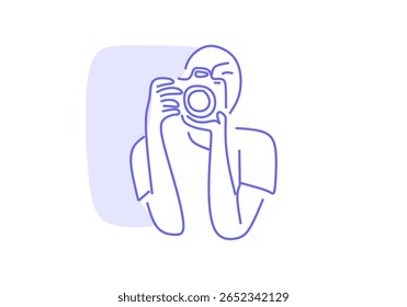  line art illustration of a person taking a photo with a camera, symbolizing photography, creativity, storytelling, and capturing life moments