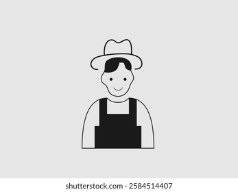 line art illustration of a person wearing a hat and overalls