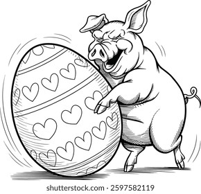A line art illustration of a pig rolling a large Easter egg with clear patterns slightly forward