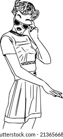 Line art illustration of pin up girl, Outline sketch drawing of stylish girl