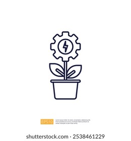 A line art illustration of a plant with a gear and lightning symbol, representing the concept of sustainable energy or technology in nature.