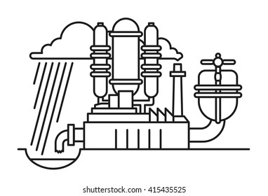 Line art illustration of poisonous water pollution with industrial waste. Line art ecological concept with various types of environment pollution.