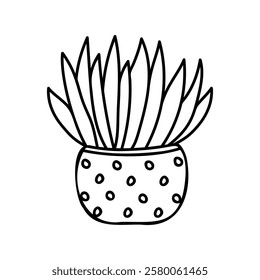 Line art illustration of a potted succulent plant with sharp leaves and a polka dot pattern on the pot. Perfect for nature-related projects, nature lovers, home decor, prints, or hobby projects