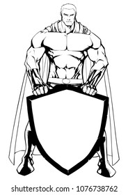 Line art illustration of powerful superhero holding big shield with copy space.