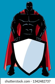 Line art illustration of powerful superhero holding big shield with copy space.