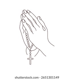 Line art illustration of praying hands holding a rosary with a cross. Minimalist Christian symbol of prayer, faith, and devotion. Religious monochrome vector for spiritual themes.