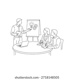 Ilustração da arte de linha de um apresentador explicando ideias a dois colegas em uma reunião de negócios. Um colega escuta enquanto outro faz anotações em um ambiente de escritório limpo e moderno.