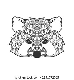 line art illustration of a raccoon head with a texture made of lines, suitable for decoration or coloring pages and more