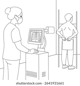 Line art illustration of a radiologic technologist operating X-ray machine while male patient prepares for chest scan. Diagnostic procedure in hospital setting