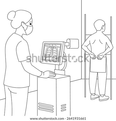 Line art illustration of a radiologic technologist operating X-ray machine while male patient prepares for chest scan. Diagnostic procedure in hospital setting