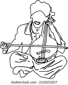 Line Art Illustration Of Rajasthan Man Playing Indian Traditional Music Instrument Ektara, Outline Sketch Of Indian Man Playing Iktara