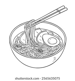 Line Art Illustration of Ramen Noodles in Bowl with Chopsticks and Ingredients.