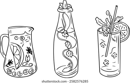 Line art illustration of refreshing drink compositions with fruits, herbs, and ice in a pitcher, bottle, and glass, ideal for summer or healthy lifestyle themes