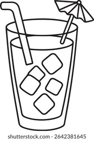 Line art illustration of a refreshing iced drink in a glass with a straw and a cocktail umbrella. Perfect for summer-themed designs, menus, or websites.