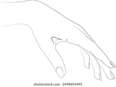 Ilustración de arte lineal de una mano relajada con un gesto de la mano desde arriba, encarnando el gesto de la mano de la princesa y listo para ser besado. Ideal para conceptos como la majestuosidad y la cultura de la caballerosidad.