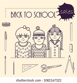 Line art illustration representing back to school sales. The picture of three joyful kids and a set of school supplies. Vector.