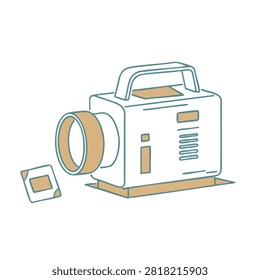 A line art illustration of a retro slide projector with a single photographic slide placed beside it on a white background.
