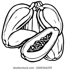 Line Art Illustration of Ripe Papayas Whole and Sliced
