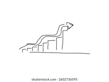line art illustration of a rising business graph, symbolizing growth, success, and financial progress.