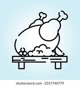 Line art illustration of a roasted chicken on a wooden board. Simple and clean design, perfect for food blogs or menus.