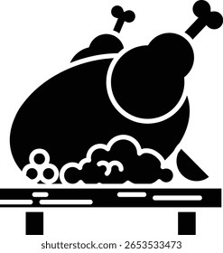 Line art illustration of a roasted chicken on a wooden board. Simple and clean design, perfect for food blogs or menus.
