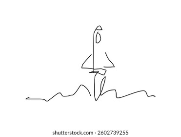 line art illustration of a rocket launching upwards, symbolizing growth, success, innovation, and progress.