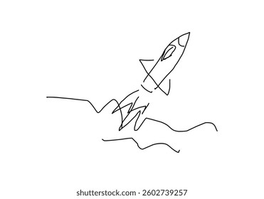 line art illustration of a rocket launching upwards, symbolizing growth, success, innovation, and progress.