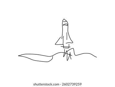 line art illustration of a rocket launching upwards, symbolizing growth, success, innovation, and progress.