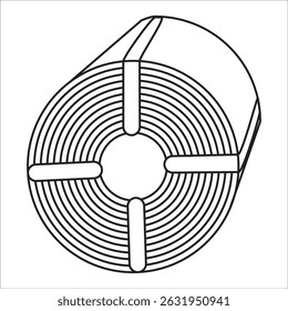 A line art illustration of a roll of insulation material. Useful for representing thermal insulation, energy efficiency, construction materials, and home improvement.