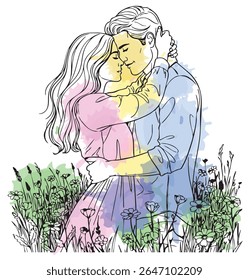 uma ilustração de arte em linha de um casal romântico que se abraça em um campo de flores silvestres, com respingos sutis de cor-de-água de rosa pastel, amarelo, azul e verde