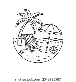 A line art illustration of a round shape beach with a few elements. There's a palm tree, a beach chair, an umbrella, and a seashell.