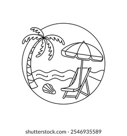 A line art illustration of a round shape beach with a few elements. There's a palm tree, a beach chair, an umbrella, and a seashell.