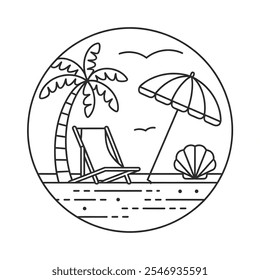 A line art illustration of a round shape beach with a few elements. There's a palm tree, a beach chair, an umbrella, and a seashell.