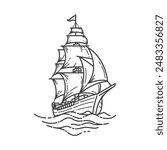 Line art illustration of sailing ship at sea isolated white background