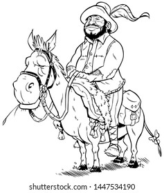 Line Art Illustration von Sancho Panza einzeln auf weißem Hintergrund.