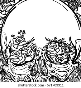 Line art illustration. Scary skull and flowers. Vintage print for St. Valentine s Day. Sketch for tattoo, hipster t-shirt design, vintage style posters.