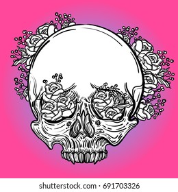 Line art illustration. Scary skull and flowers. Vintage print for St. Valentine s Day. Sketch for tattoo, hipster t-shirt design, vintage style posters.