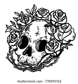 Line art illustration. Scary skull and flowers. Vintage print for St. Valentine s Day. Sketch for tattoo, hipster t-shirt design, vintage style posters.