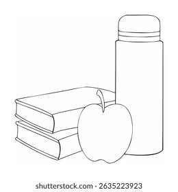Line art illustration of school supplies featuring books apple and water bottle isolated on white