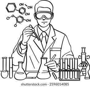 Line art illustration of a scientist conducting a lab experiment.