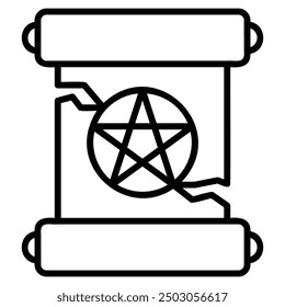 A line art illustration of a scroll with a pentagram symbol in the center. The scroll is slightly torn, suggesting it is old or fragile.