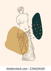 Line Art illustration of sculpture Aphrodite of Milos (Venus de Milo).  Modern style illustration of Ancient Greek goddess with abstract shapes in the background.