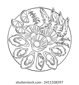 line art illustration of seafood platter