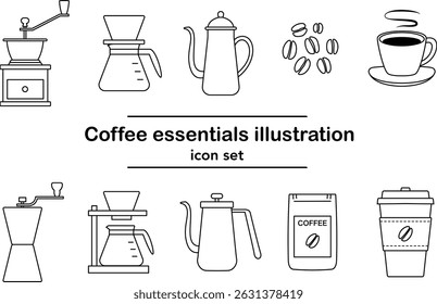Line art illustration set of coffee equipment including grinder, dripper, pot, beans, mug, and takeaway cup isolated on white background | Coffee Tools, Line Drawing, Illustration