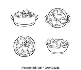 Ilustración de línea de arte conjunto de plato nacional de masa rellena de carne, pescado, queso, verduras o frutas. Bollería casera, vareniki, colección de sketch de gyoza aislada en fondo blanco.