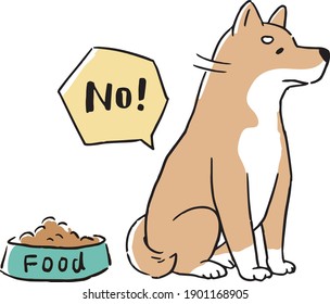 Line art illustration set of Shiba Inu who has no appetite and does not eat dog food