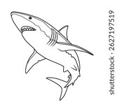 A line art illustration of a shark swimming in the blue ocean with elegant and minimalist details. Perfect for decorative designs, posters, children's books, and ocean art collections.