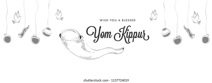 Line art illustration of shofar horn with flying pigeons, hanging pomegranates, apples and mud pots on white background for Yom Kippur festival, banner or poster design.